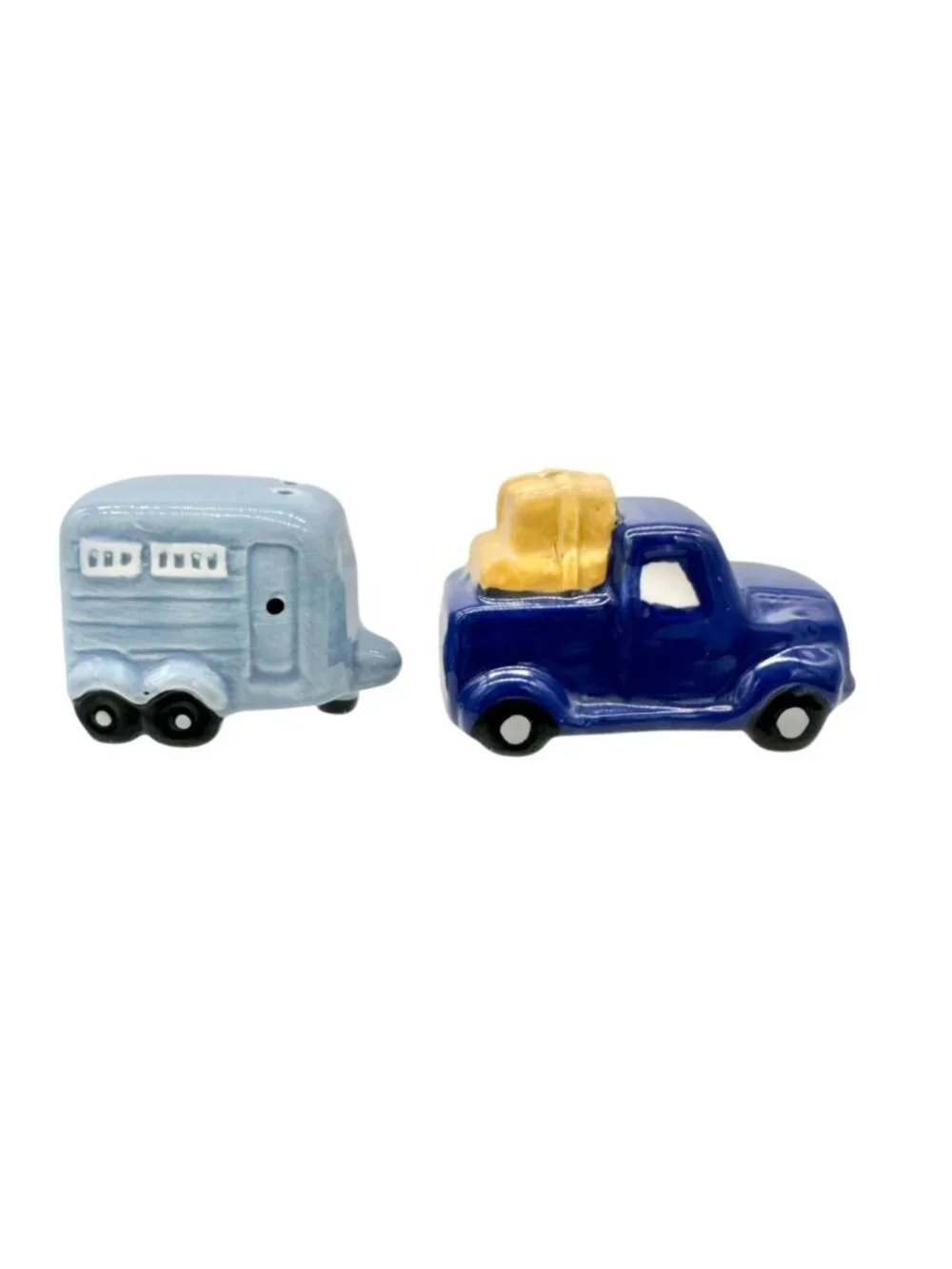 Ceramic Truck and Trailer Salt And Pepper Shaker Set in Blue and Yellow Adorable